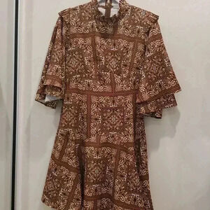 Love + Harmony Brown Paisley Print 3/4 Bell Sleeve Cocktail Midi Dress